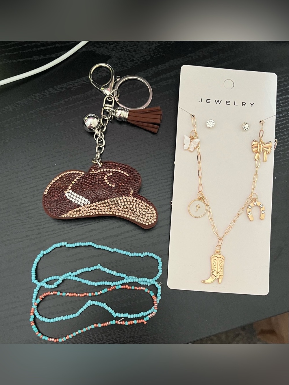 Rhinestone Cowboy Hat Keychain & Cowboy Hat Necklace Set - Western Bundle